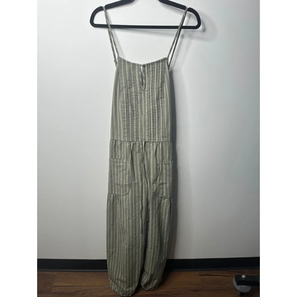 Free People Striped Pleated Bib Jumpsuit Olive Green Cream XL NWT Boho Wide Leg